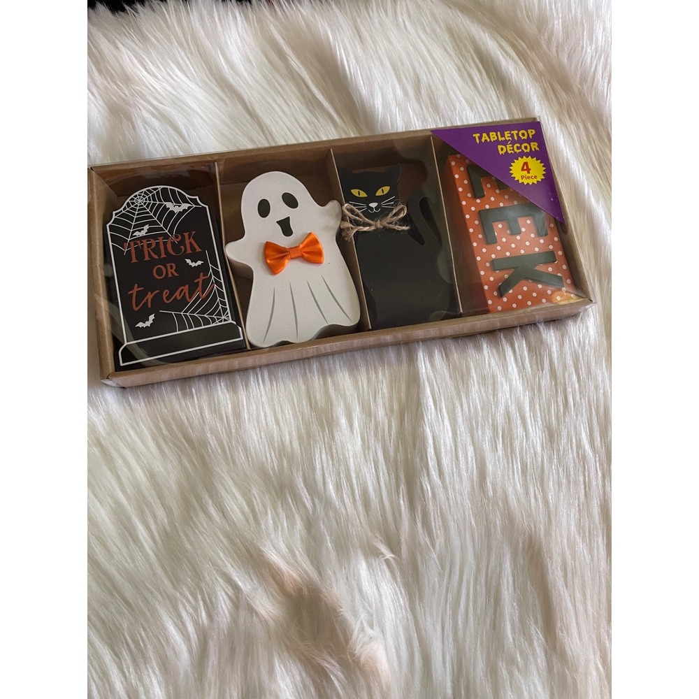 Halloween Wooden Decor Wooden Trick Or Trick Ghost Black Cat  4 PCS New